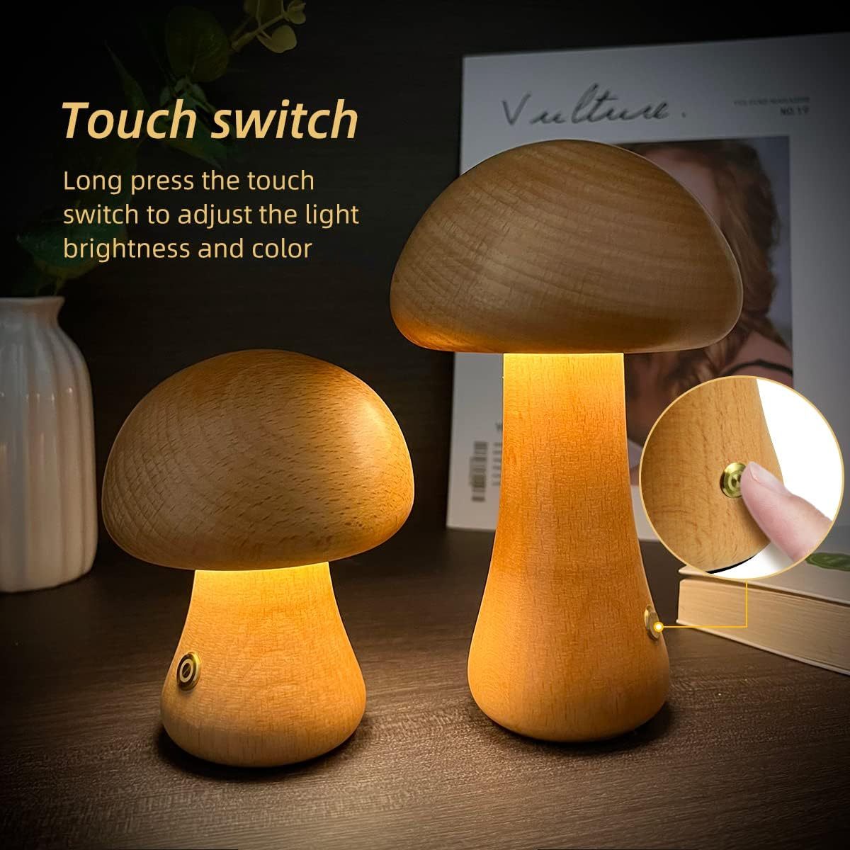 INS Wooden Cute Mushroom LED Night Light With Touch Switch Gadget Sphere
