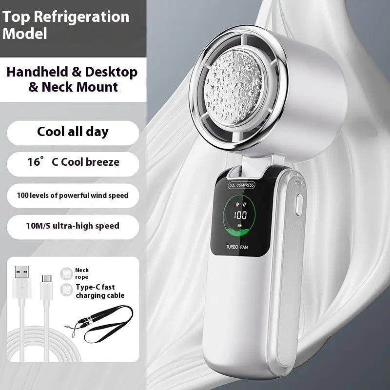 New Ice Pack High-Speed Handheld Eletirc Fan Speed Adjustable Folding Mini Fan Portable Outdoor Hanging Neck Small Fan Gadget Sphere