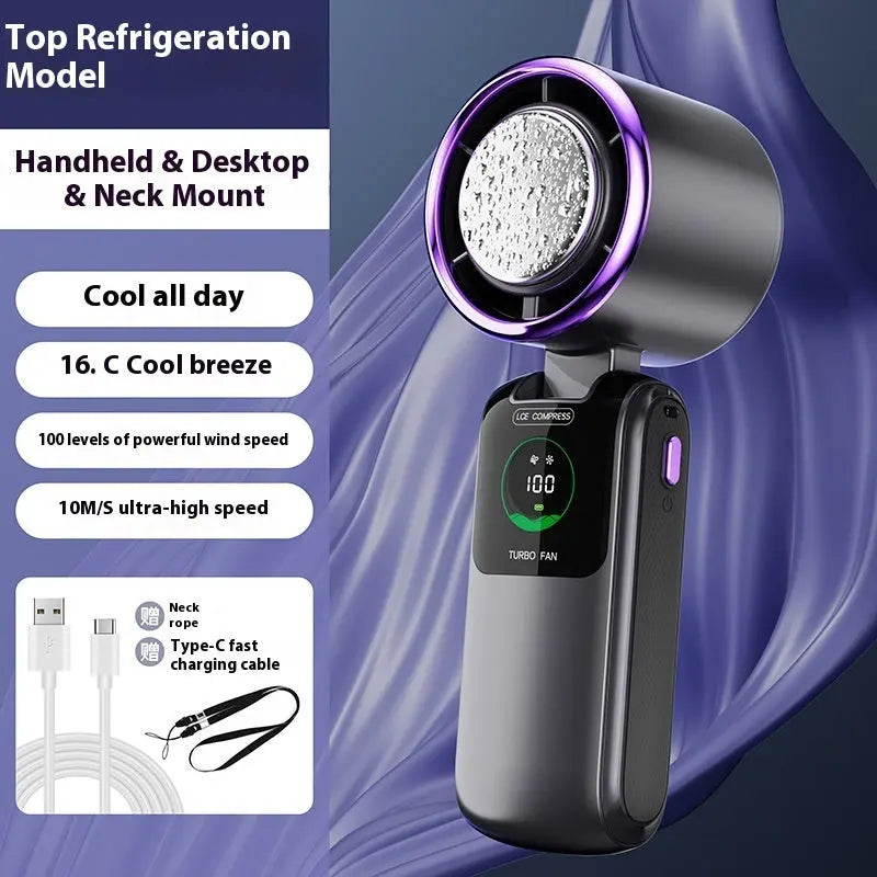 New Ice Pack High-Speed Handheld Eletirc Fan Speed Adjustable Folding Mini Fan Portable Outdoor Hanging Neck Small Fan Gadget Sphere