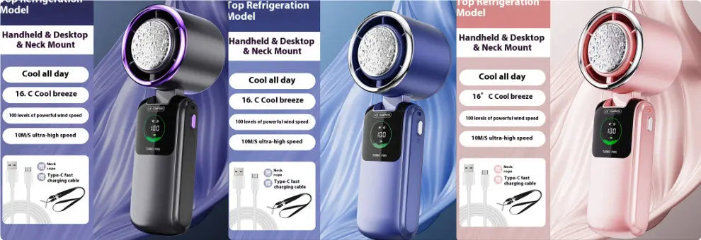 New Ice Pack High-Speed Handheld Eletirc Fan Speed Adjustable Folding Mini Fan Portable Outdoor Hanging Neck Small Fan Gadget Sphere