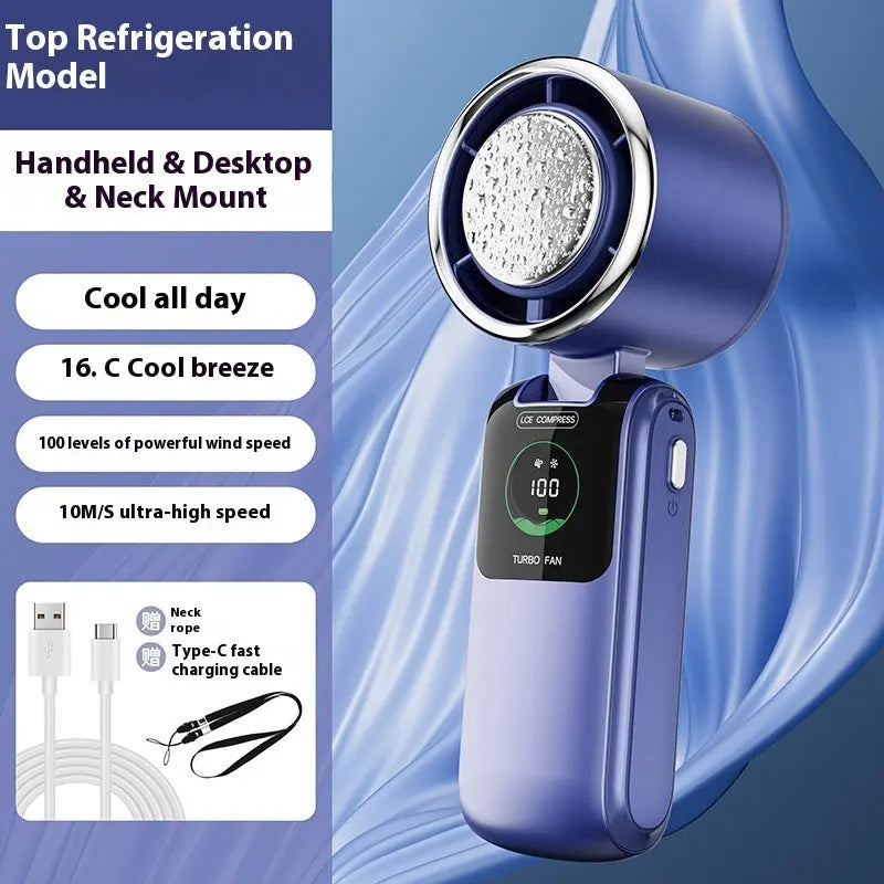 New Ice Pack High-Speed Handheld Eletirc Fan Speed Adjustable Folding Mini Fan Portable Outdoor Hanging Neck Small Fan Gadget Sphere