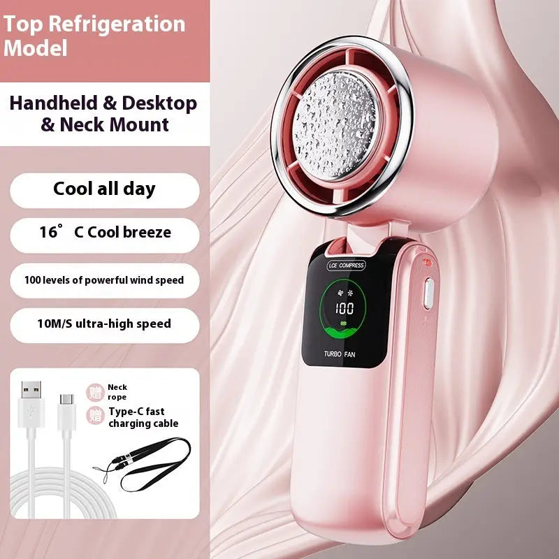 New Ice Pack High-Speed Handheld Eletirc Fan Speed Adjustable Folding Mini Fan Portable Outdoor Hanging Neck Small Fan Gadget Sphere