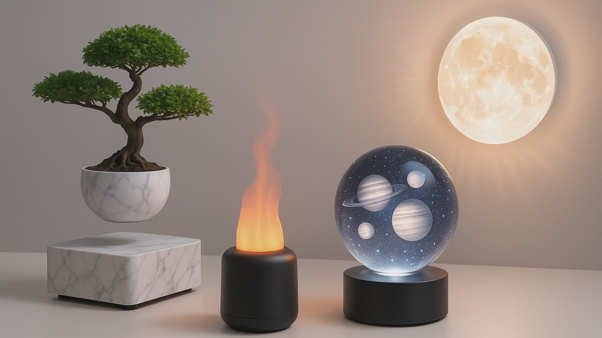 Load video: A collage of different decorative lamps is shown. The lamps include a small, soft bunny lamp; a clear, glowing sphere with planets inside; an astronaut projector casting stars onto a ceiling; mushroom-shaped lamps; and a large moon lamp next to a flame-like diffuser.